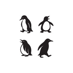 Naklejka premium Four penguin silhouettes in various poses against a white background in a simple design