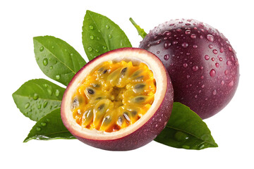 Juicy passion fruit half and whole fruit with green leaves isolated on transparent background