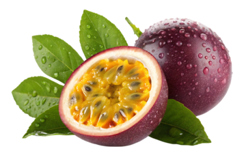 Juicy passion fruit half and whole fruit with green leaves isolated on transparent background