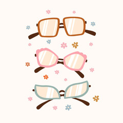 Set of hand drawn sunglasses. Vector illustration on isolated background. Cute stylized illustration with decorative elements.