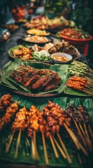 Fototapeta premium A long table displays an array of vibrant, savory Southeast Asian street food dishes, including grilled meats on skewers, served on banana leaves