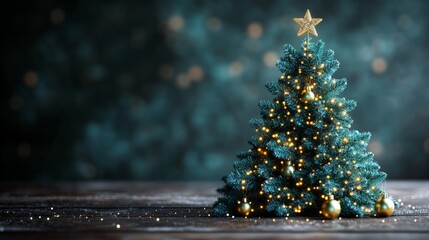 Festive Christmas tree with golden ornaments and lights on wooden surface