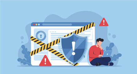 Cybersecurity Threat, Warning, and Data Protection Concept. illustration depicts a cybersecurity threat, showing warning signs, a protected browser, and a distressed user, conveying internet security © Fendi