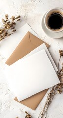 Minimal sheets and card with warm lines in beige, paired with coffee and blooms. Clean style, soft light, warm tone.

