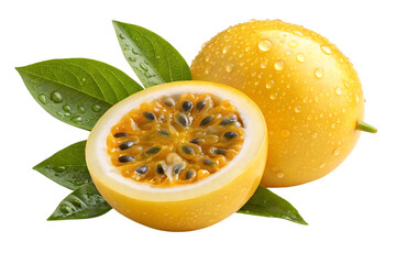 Whole and halved ripe passion fruit with green leaves and water droplets isolated on transparent background