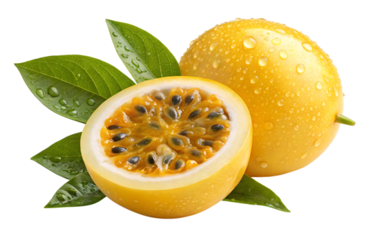 Whole and halved ripe passion fruit with green leaves and water droplets isolated on transparent background