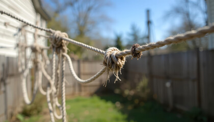Rope Ladder or Clothesline with Knots in Sunny Backyard Setting
