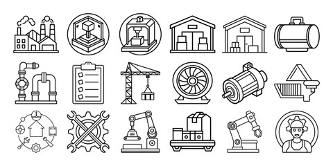 Collection of industrial and manufacturing icons representing factories machinery and automation