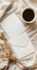 White sheets and envelope with beige lines, next to coffee and dried blooms. A soft, cozy scene with a calm vibe.

