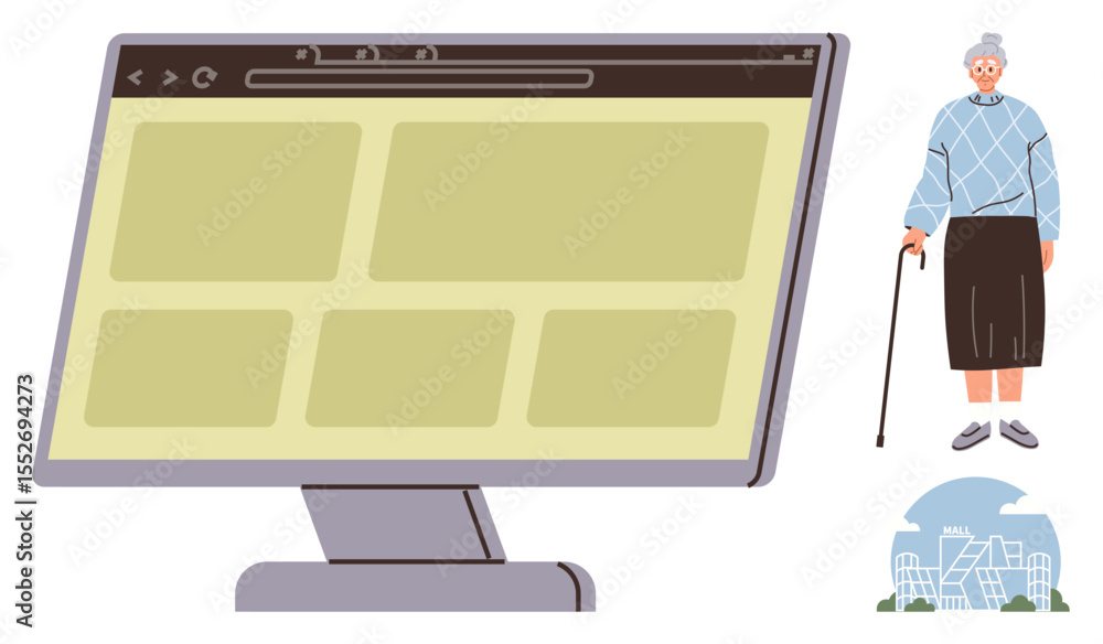 Aufkleber desktop computer interface with a grid layout for simplified navigation, elderly person with cane, a