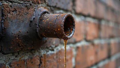 Rusty Metal Pipe Dripping Orange Liquid Against an Old Brick Wall, Close-Up