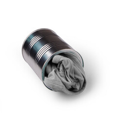 A metal can containing a rolled-up piece of gray fabric, suggesting a creative or playful purpose.