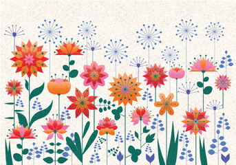 abstract floral background, colour vector symmetrical folk flowers isolated on grainy polka dots paper background, spring, summer, easter template ideal for card, banner, poster, wallpaper, cover