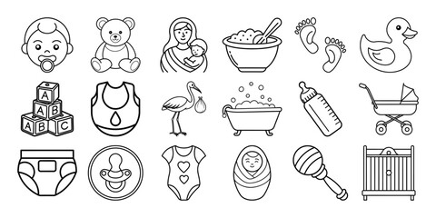 Collection of cute baby care and toy icons in a simple line art style