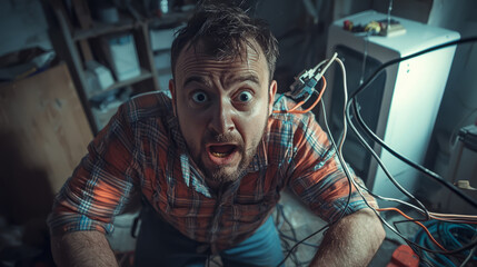 A man working on home electrical repairs, caught in the moment of being shocked by a faulty wire, his expression frozen in surprise and pain.
