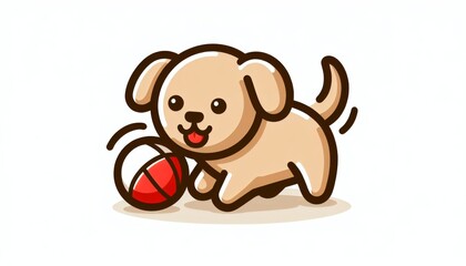 Fototapeta premium Cute Tan Puppy Playing with Red Ball Cartoon Illustration
