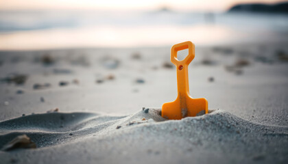 Orange Toy Shovel Stuck in Beach Sand at Sunset