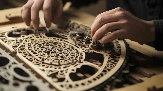 A person assembling intricate wooden gears by hand precisely