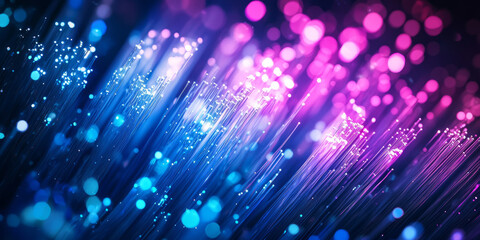 Abstract glowing blue and purple optical fiber strands intertwined, flickering with tiny energy particles in a dark futuristic background