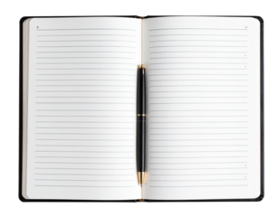  Top View of Open Lined Notebook with Pen on Center Fold isolated on transparent background PNG