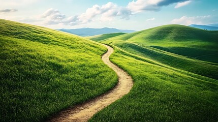 Rolling green hills with a winding dirt path leading into the horizon