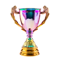 Colorful iridescent trophy against a striped background award winning achievement success celebration