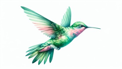 Fototapeta premium Green And Pink Hummingbird In Flight Watercolor Painting