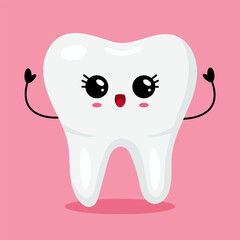 Happy Kawaii Tooth Character with Hands Up