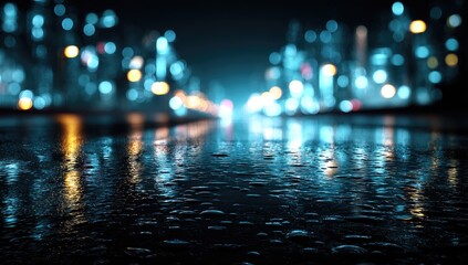 Wet city street at night, lights reflecting on the dark asphalt