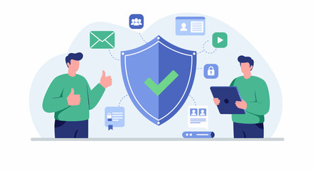Digital Security and Data Protection with User Assurance. Digital security illustration with a central shield, secure data icons, and satisfied users.