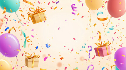 birthday background featuring colorful balloons, confetti, and gift boxes with central blank area for text placement. Cheerful, gender-neutral color palette.. Perfect for birthday invitations, digital
