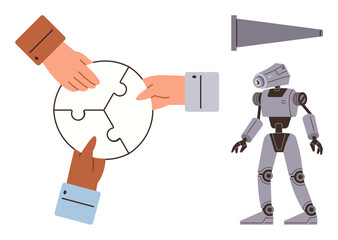 Naklejka na ściany i meble Hands assembling circular puzzle, robotic figure, and megaphone highlighting teamwork, innovation, communication, AI, robotics, technology and strategy. Ideal for partnerships education diversity