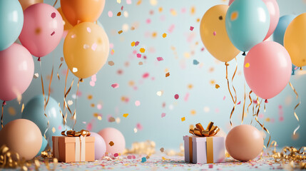 birthday background featuring colorful balloons, confetti, and gift boxes with central blank area for text placement. Cheerful, gender-neutral color palette.. Perfect for birthday invitations, digital