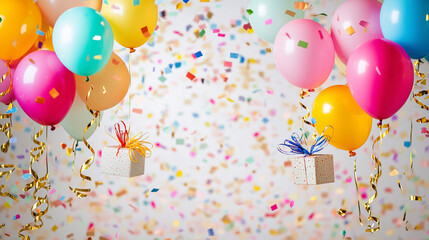 birthday background featuring colorful balloons, confetti, and gift boxes with central blank area for text placement. Cheerful, gender-neutral color palette.. Perfect for birthday invitations, digital