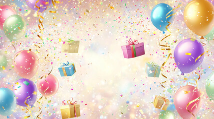 birthday background featuring colorful balloons, confetti, and gift boxes with central blank area for text placement. Cheerful, gender-neutral color palette.. Perfect for birthday invitations, digital