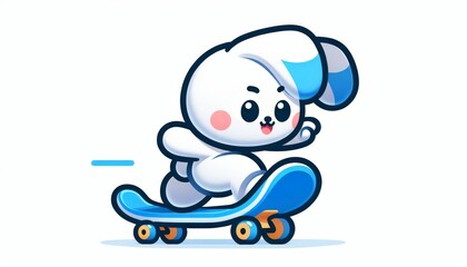 Cute White Bunny Skateboarding Cartoon Illustration