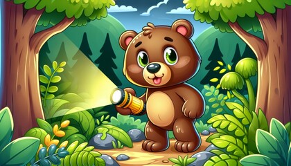 Brown Bear Cub with Flashlight in Night Forest
