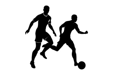 Two soccer players in silhouette dribbling and chasing the soccer ball fast