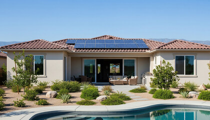 Modern Solar Powered House with Pool and Desert Landscaping in Sunny Suburban Environment