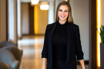 Stylish Professional Woman Smiles Confidently While Walking Through a Modern Office Lobby With Elegant Lighting in a Corporate Environment