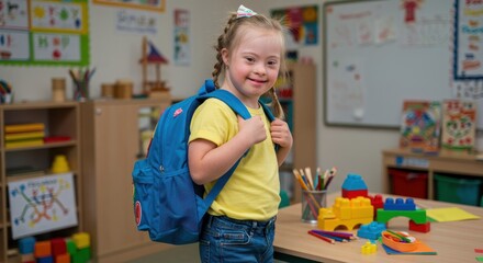 Portrait of a smiling young person with a blue backpack in a classroom setting representing education and childhood