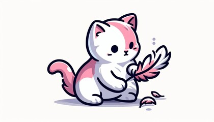Cute Pink and White Kitten Playing with Feather