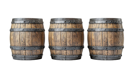 Three weathered wood barrels with metal bands