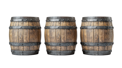 Three weathered wood barrels with metal bands