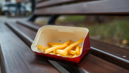 Leftover French Fries in a Red Cardboard Container on a Wooden Park Bench, Outdoor Snack