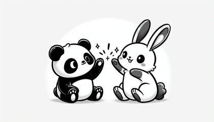 Naklejka premium Cute Panda and Rabbit High Five Pixel Art Illustration