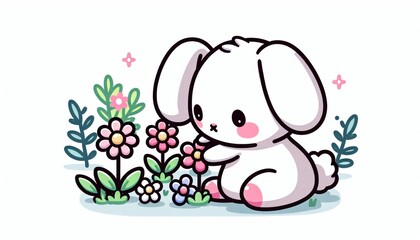 Obraz premium Adorable White Bunny Among Pink Pastel Flowers