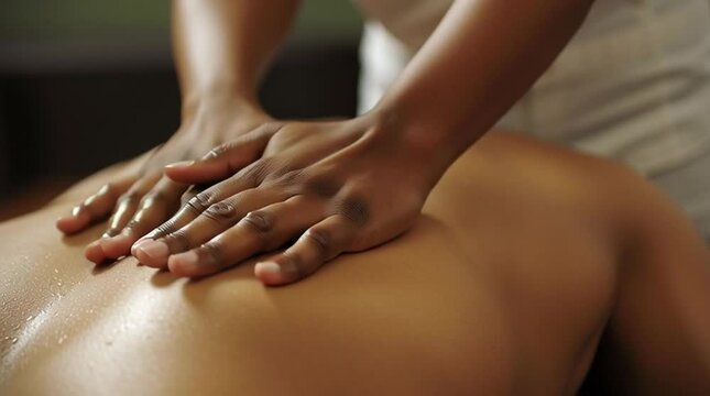 Wellness. African American person receiving a back massage at a spa. Massage therapist. Skin. Touch. Hands massaging the back of a Black woman. Indulge