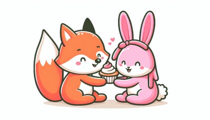 Fototapeta premium Cute Orange Fox and Pink Bunny Sharing a Cupcake