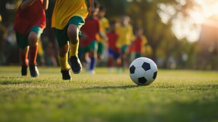 Dynamic Action Shot of Young Soccer Players Sprinting Toward Classic Black and White Soccer Ball on Green Field